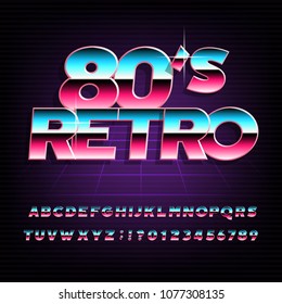 80's retro alphabet font. Metallic effect bold type letters and numbers. Stock vector typeface for any typography design.