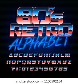 80s retro alphabet font. Metallic effect bright letters and numbers. Stock vector typeface.