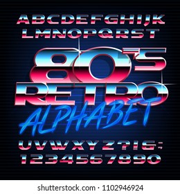 80s retro alphabet font. Metallic effect oblique letters and numbers. Stock vector typography for your design.