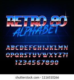 80s retro alphabet font. Metallic effect shiny letters and numbers. Stock vector typeface.