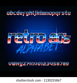 80s retro alphabet font. Metallic effect small caps letters and numbers. Stock vector typography.