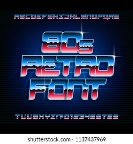 80s retro alphabet font. Metallic effect shiny letters and numbers. Stock vector typeset.