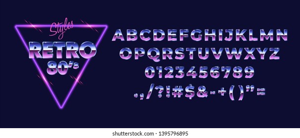 80s retro alphabet font. Metallic gradient effect. Set of type letters and numbers. Vector typeface for print, poster, t-shirt, banner, web