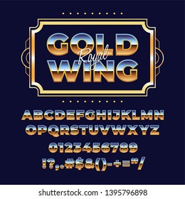 80s retro alphabet font. Metallic gradient effect. Set of type letters and numbers. Vector typeface forprint, poster, t-shirt etc.