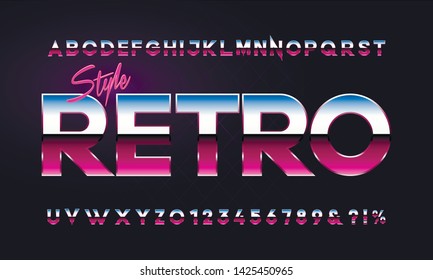 80's retro alphabet font. Metallic effect type letters and numbers. Vector typeface for your design.