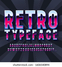 80's retro alphabet font. Metallic effect type letters and numbers. Vector typeface for your design.