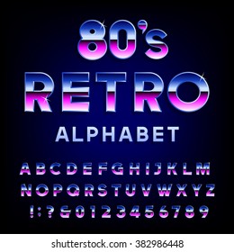 80's retro alphabet font. Metallic effect shiny letters and numbers. Vector typography for flyers, headlines, posters etc.