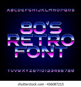 80's retro alphabet font. Metallic effect shiny letters and numbers. Light glare sparkle. Vector typeset for flyers, headlines, posters etc.