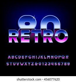 80's retro alphabet font. Metallic effect shiny letters and numbers. Light glare sparkle. Vector typeface.