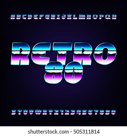 80's retro alphabet font. Metallic effect letters and numbers. Vector typeface for flyers, headlines, posters etc.