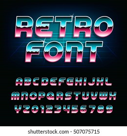 Schriftart des Retro-Alphabets der 80er Jahre. Metallischer Effekt glänzt durch oblicke Buchstaben und Zahlen. Vektorgrafik für Flyer, Schlagzeilen, Poster etc.