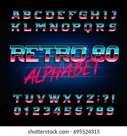 80's retro alphabet font. Metallic effect shiny oblique letters and numbers. Vector typography for your design.