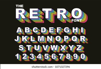 80's retro alphabet font. Rainbow Vintage Alphabet vector 80's, 90's Old style graphic poster set. Eighties style graphic template. Template easy editable for Your design. 80s rainbow style, vintage.