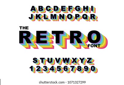 80's retro alphabet font. Rainbow Vintage Alphabet vector 80's, 90's Old style graphic poster set. Eighties style graphic template. Template easy editable for Your design. 80s rainbow style, vintage.