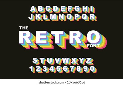 80's retro alphabet font. Rainbow Vintage Alphabet vector 80's, 90's Old style graphic poster set. Eighties style graphic template. Template easy editable for Your design. 80s rainbow style, vintage.