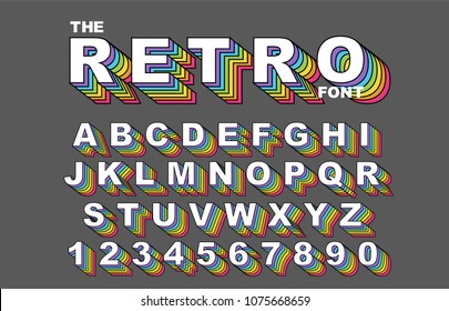 80's retro alphabet font. Rainbow Vintage Alphabet vector 80's, 90's Old style graphic poster set. Eighties style graphic template. Template easy editable for Your design. 80s rainbow style, vintage.