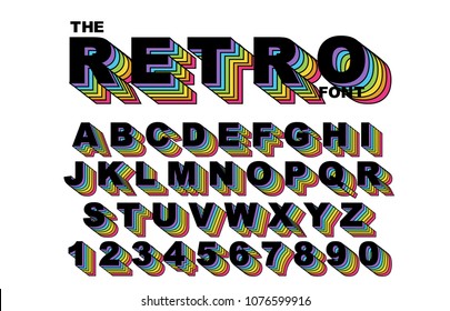 80's retro alphabet font. Rainbow Vintage Alphabet vector 80's, 90's Old style graphic poster set. Eighties style graphic template. Template easy editable for Your design. 80s rainbow style, vintage.