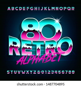 80s Retro alphabet font. Shiny letters and numbers on dark background. Stock vector typescript for your typography in retro 80s style.