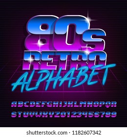 80s retro alphabet font. Uppercase italic letters and numbers. Stock vector typeface for your design.