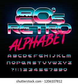 80s retro alphabet font. Uppercase shiny letters and numbers. Stock vector typescript for your design in 80s style.