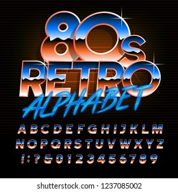 80s retro alphabet font. Uppercase oblique shiny gradient letters and numbers. Stock vector typescript for your design in 80s style.