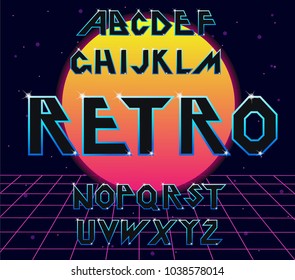 80's retro alphabet font. Vector typography for flyers, headlines, posters. Effect shiny letters. 80s neon style, 