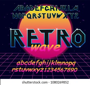 80's retro alphabet font. Vector typography for flyers, headlines, posters. Effect shiny letters. 80s neon style, vintage dance night. Retro Futurism Sci-Fi Font Alphabet Vector.3d set elements design