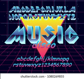 80's retro alphabet font. Vector typography for flyers, headlines, posters. Effect shiny letters. 80s neon style, vintage dance night. Retro Futurism Sci-Fi Font Alphabet Vector.3d set elements design