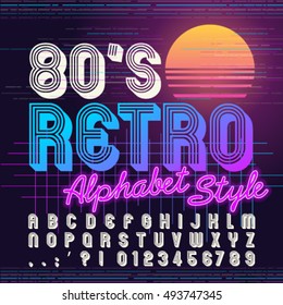 80's retro alphabet font. Retro Alphabet vector Old style graphic poster. Eighties style graphic template.