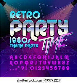 80's retro alphabet font. Retro Alphabet vector poster. Retro party time. Old style graphic. Eighties style graphic template.