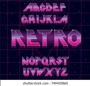 A fonte do alfabeto retro dos anos 80. Tipografia vetorial para panfletos, manchetes, cartazes. Efeito letras brilhantes. Estilo néon dos anos 80, noite de dança vintage. Retro Futurismo Sci-Fi Font Alfabeto Vector.3D conjunto elementos design