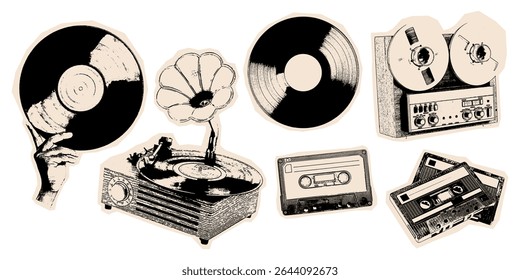 80's Retro audio collection grunge style. Vintage vinyl, cassettes, reel-to-reel recorder evoke classic nostalgia and timeless sound.