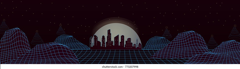 80s Retro Background with Sunrise. Vector futuristic retro wave landscape illustration.Ultra violet gaming banner with city buildings,mountains and Christmas trees.Vector illustration.