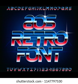 80s retro beveled alphabet font. Metallic effect shiny letters, numbers and symbols. Stock vector typography.