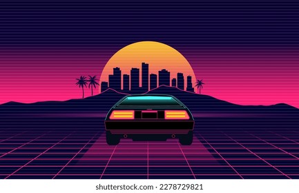 El coche retro de los 80 en realidad virtual 3D. Paisaje ondulado al atardecer en estilo vintage.vibraciones de los años 80. Diseño gráfico computacional con cuadrícula y ciudad en el horizonte. Ilustración cifi con luces de neón y carretera.