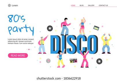 80s retro disco party with dancing people. Men and women in fashion clothes in the eighties. Vector flat cartoon illustration. Landing page template