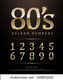 80's Retro Elegant Numbers Gold Colored Metal Chrome alphabet font. Typography classic style golden number font set for logo, Poster, Invitation. vector illustrator