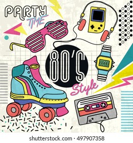 80's Retro elements Colorful  background. Vintage vector graphic poster. Eighties style fashion style graphic template. Easy editable for Your design.