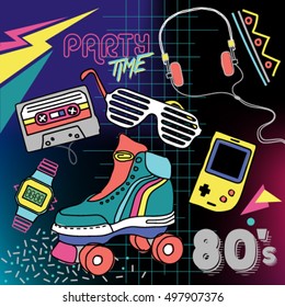 80's Retro elements Colorful  background. Vintage vector graphic poster. Eighties style fashion style graphic template. Easy editable for Your design.