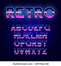 80's Retro font design. Shiny futurism alphabet with metallic effect. Sci-Fi typeface. Vector.
