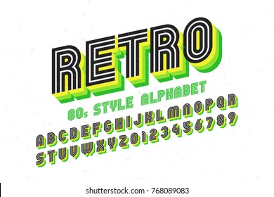 80's retro font, disco style, alphabet and numbers vector illustration