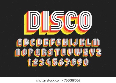 80's retro font, disco style, alphabet and numbers vector illustration