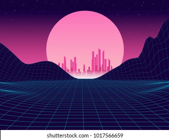 80s retro future. Retro futuristic background 1980s style. Retro background futuristic landscape 1980s style. Digital retro city landscape cyber surface. Suitable for any print design in 80s style