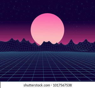 80s retro future. Retro futuristic background 1980s style. Retro background futuristic landscape 1980s style. Digital retro landscape cyber surface. Suitable for any print design in 80s style