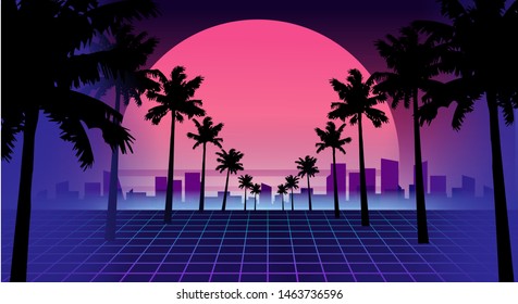 80s retro future. Retro futuristic background 1980s style. Road to the city at sunset 1980s style. Digital retro cityscape sci-fi summer landscape. Suitable for any print design in 80s style