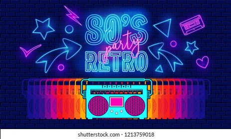 80s, retro, future music party banner or cover. Old style vector poster. Disco fluorescent neon style for eighties party. 1980 radio cassette player. Fashion background easy editable template