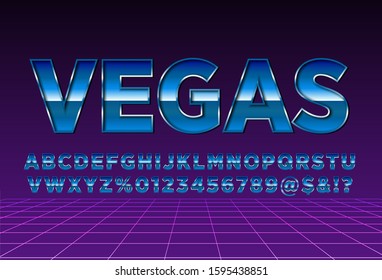 80s retro futurism font, Blue metallic and shiny effect, retro outrun synthwave