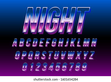 80s retro futurism font, Blue metallic and shiny effect, retro outrun synthwave