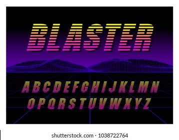 80's Retro Futurism style Font. Vector Brush Stroke Alphabet. Retro Futurism Old VHS Style. Futuristic Gaming or Music