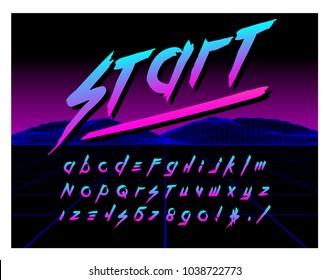 80's Retro Futurism style Font. Vector Brush Stroke Alphabet. Retro Futurism Old VHS Style. Futuristic Gaming or Music